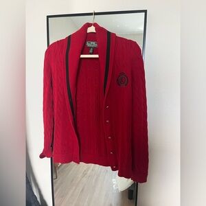 Ralph Lauren Red Cable-knit Cardigan with Crest Detail
